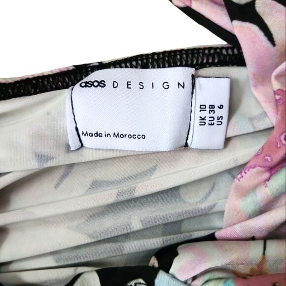 Asos Floral Mini Dress Women's Size 6 Bloomcore Ruched Ruffled Black Cut Out - Picture 5 of 7